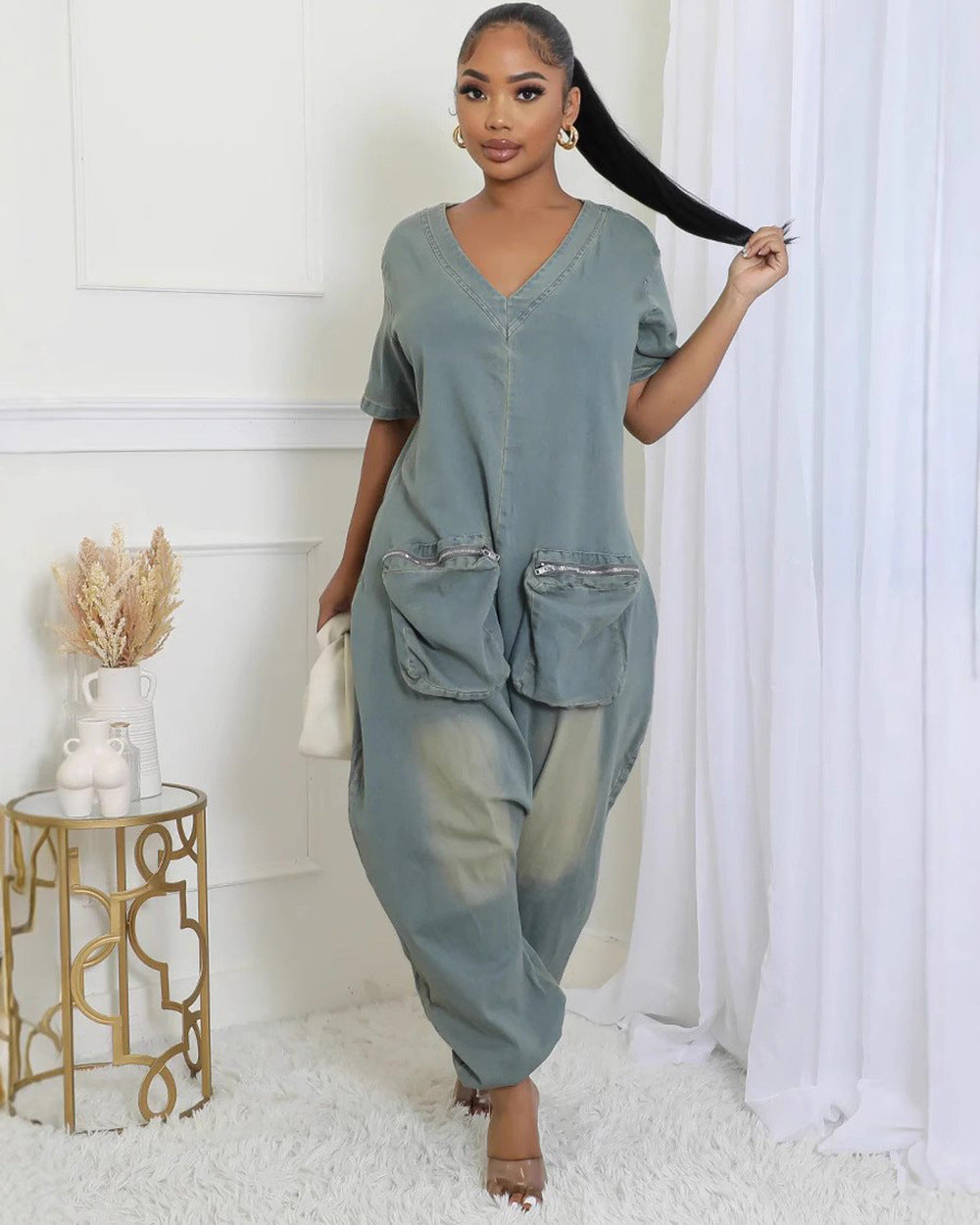 Women's Loose Fashion Personality Large Pocket Washed Jumpsuits