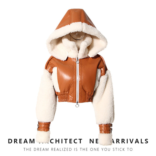 Women's One-piece Lamb Winter American Retro Patchwork Coats