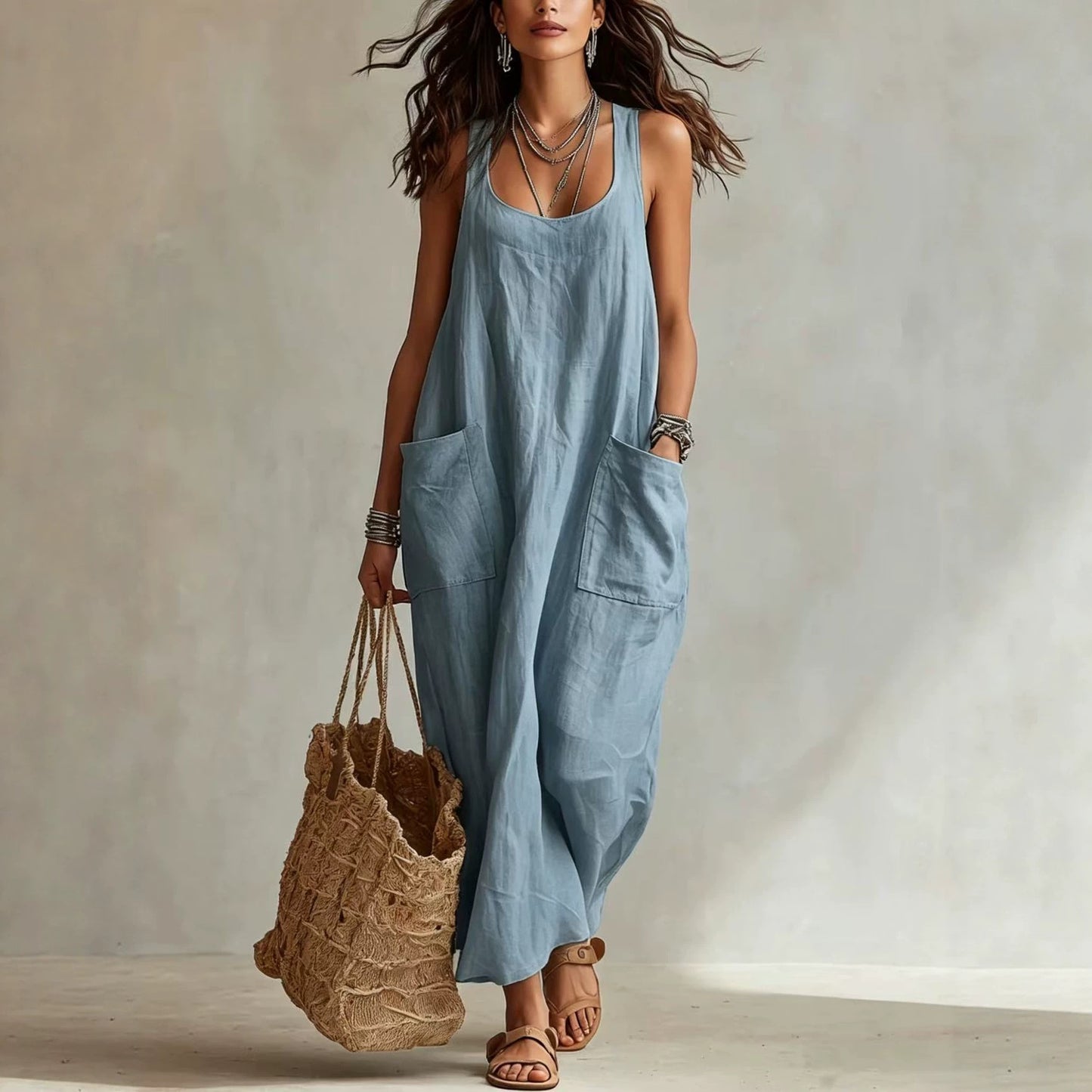 Summer Cotton Linen Temperament Leisure Pocket Dress