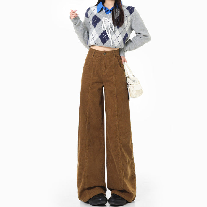 Women's Retro Style Caramel Corduroy Regular Lengthened Pants
