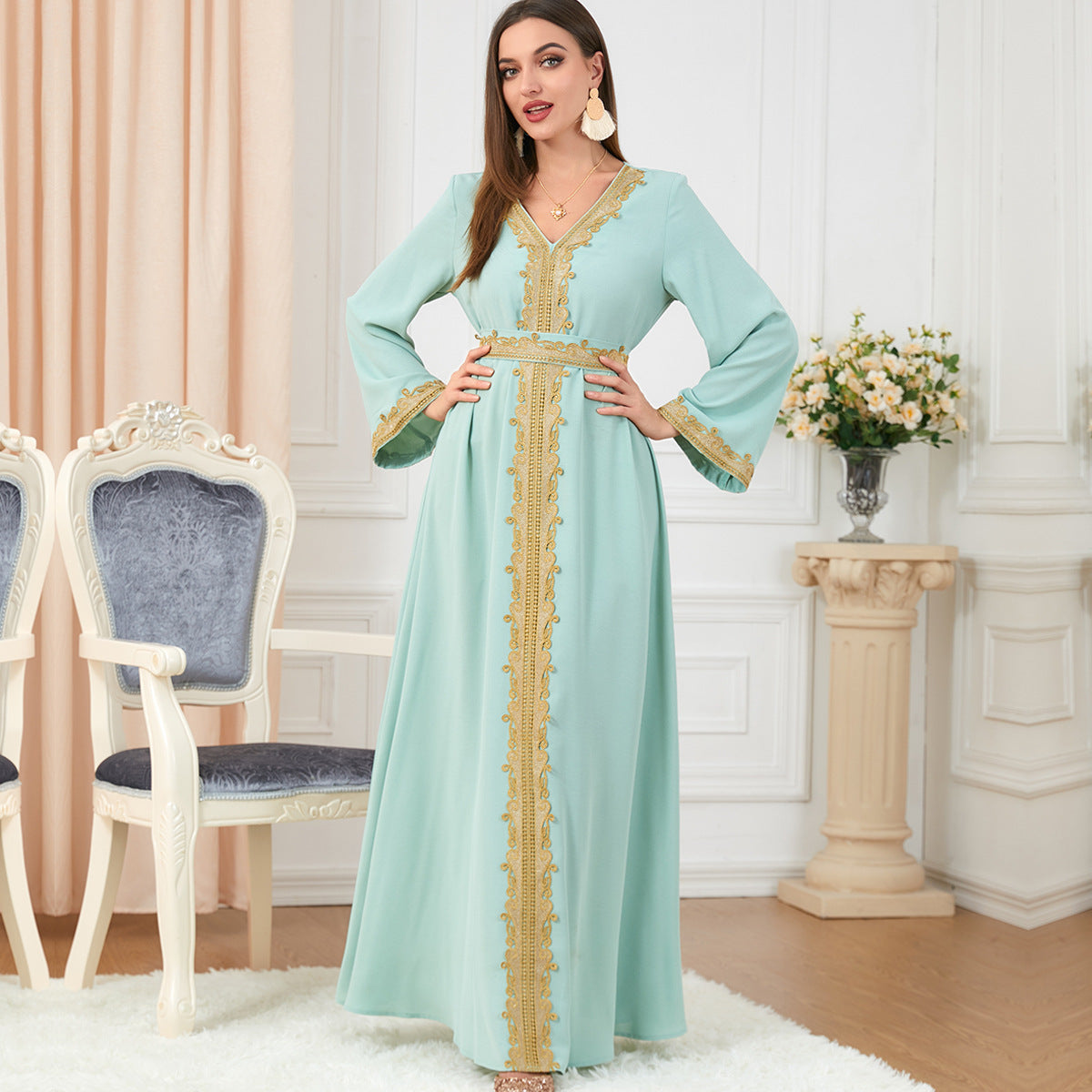 Women's Color Stitching Basic Loose Embroidery Long Dresses