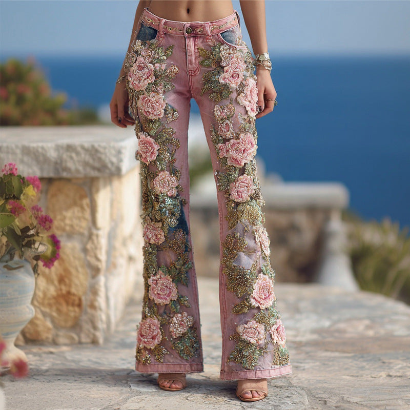 Women's Digital Printing Fashion Slimming Denim Bell-bottom Jumpsuits