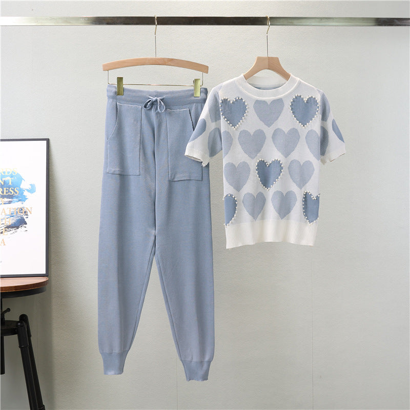 Women's Summer Sweet Knitting Sleeve Love Beaded Slim Fit Skinny Fashion Casual Suit