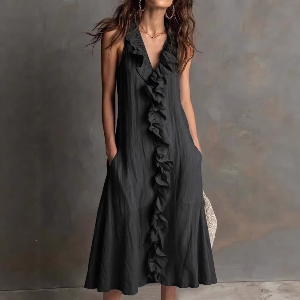 Women's Solid Color Sleeveless Cotton Linen Swing Dress