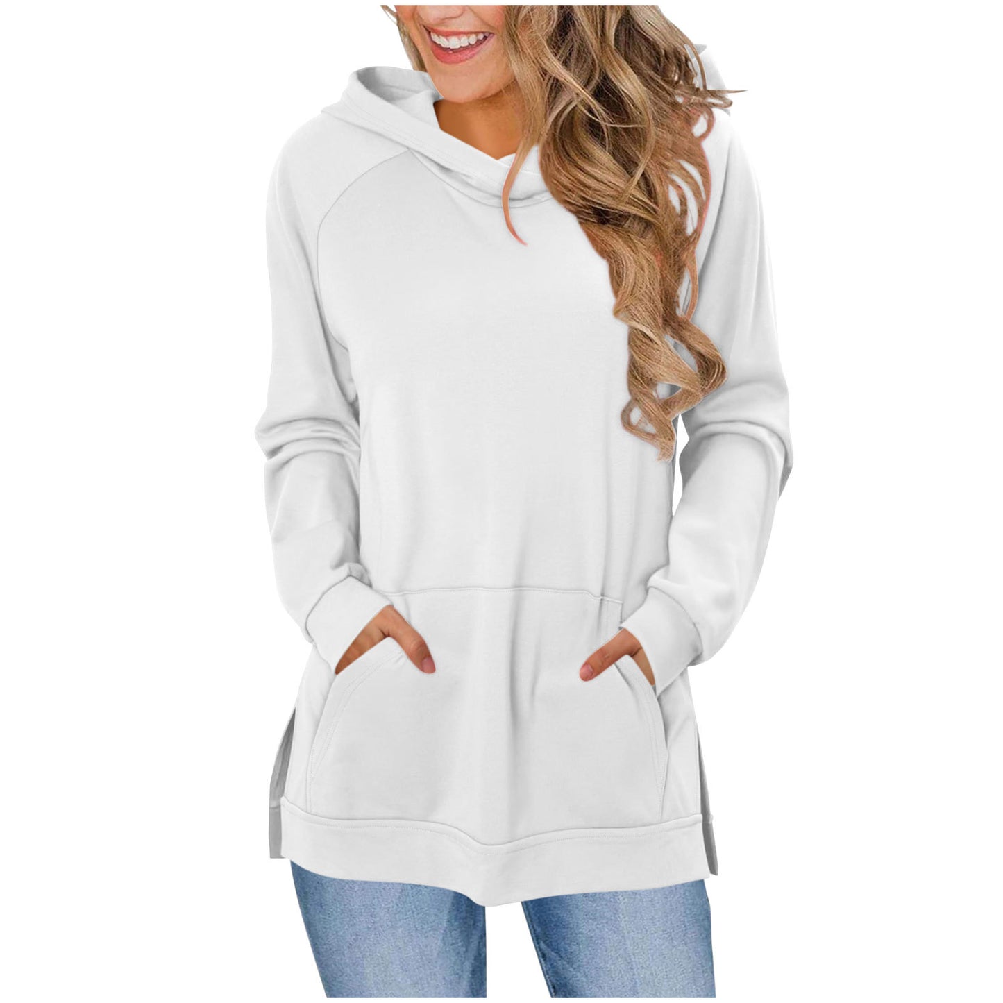 Women's Solid Color Hoodie Wipe Shoulder Long Sleeve Pocket Slit Hemline Women's Sweater, Sweater