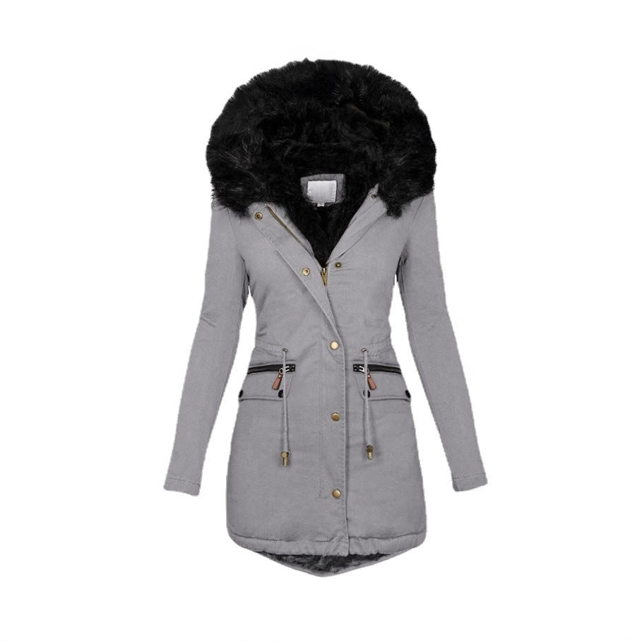 Women's Solid Color Fur Collar Hood Mid-length Coats