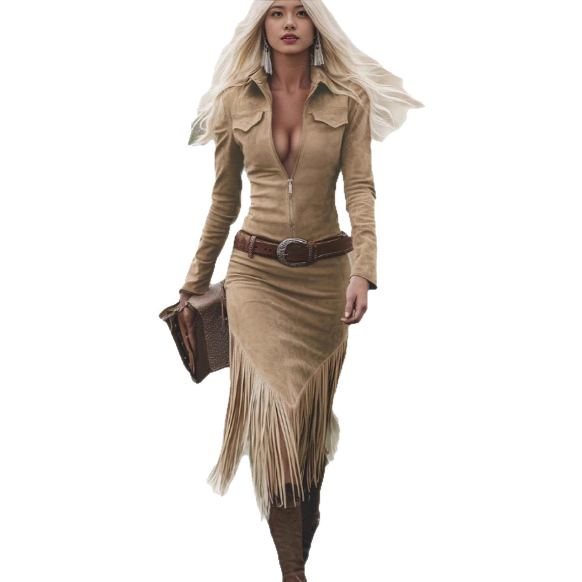 Women's Retro Western Lapel Front Zip Tassel Long Dress