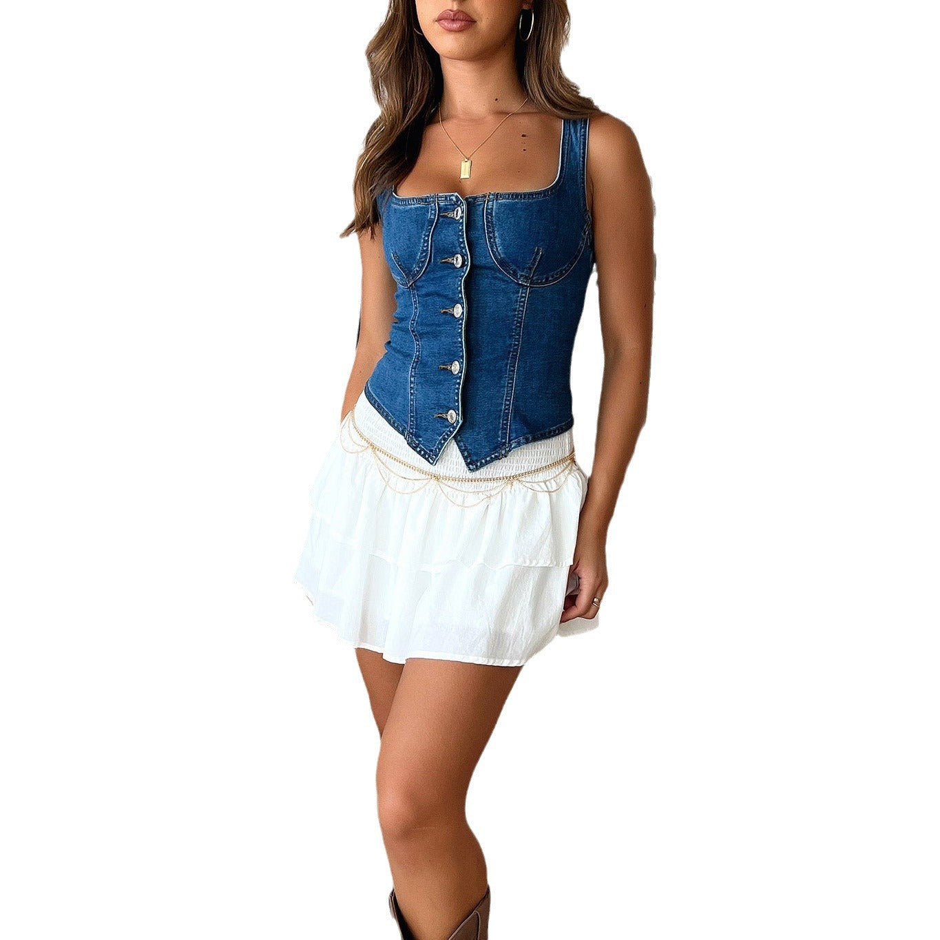 Women's Dark Denim Breasted Shoulder Strap Solid Tops