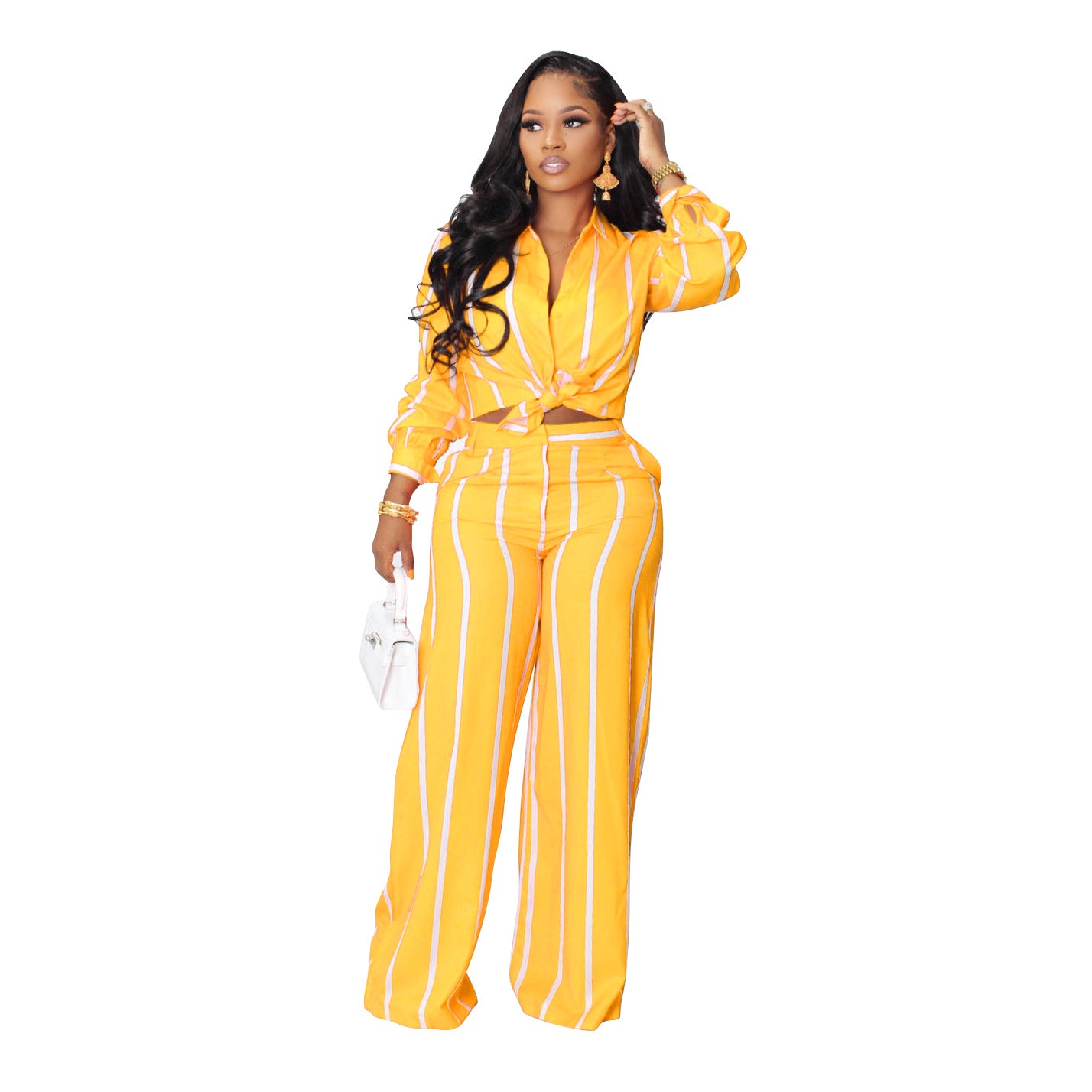 Women's Striped Shirt Outfit Two-piece Long Sleeve Suits
