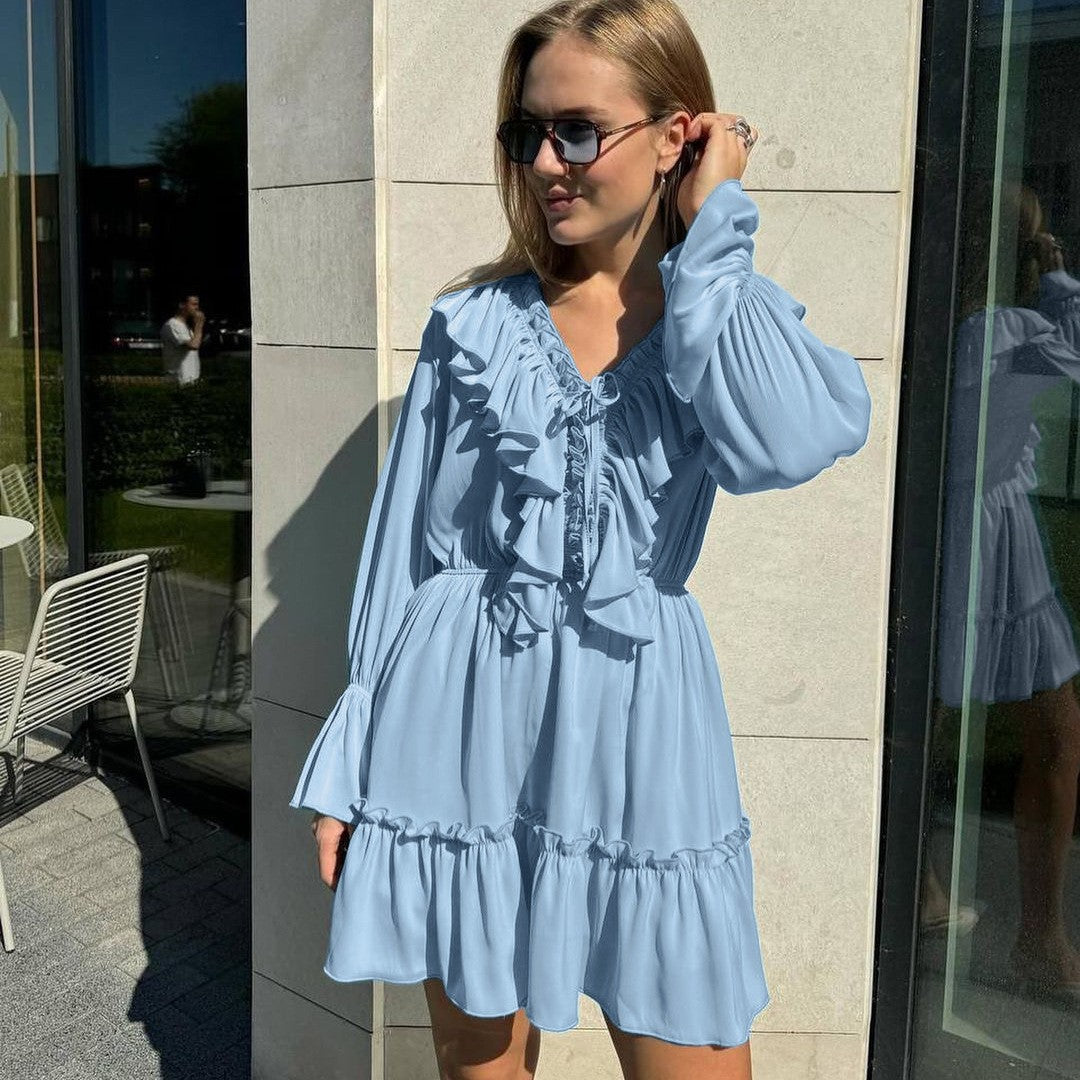 Women's Fashionable Pleating Bell Sleeve Ruffled White Dress Spring Dresses