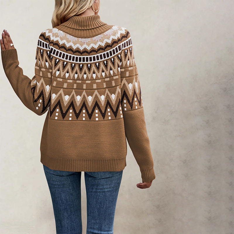 Women's Retro Patchwork Contrast Color High Collar Sweaters