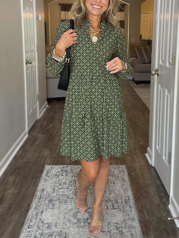 Collar Sleeve Digital Printing Diamond Pattern Dress