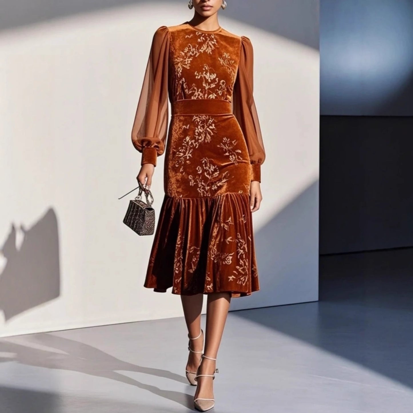 Women's Dress Round Neck Lantern Sleeve Mesh Long Skirts
