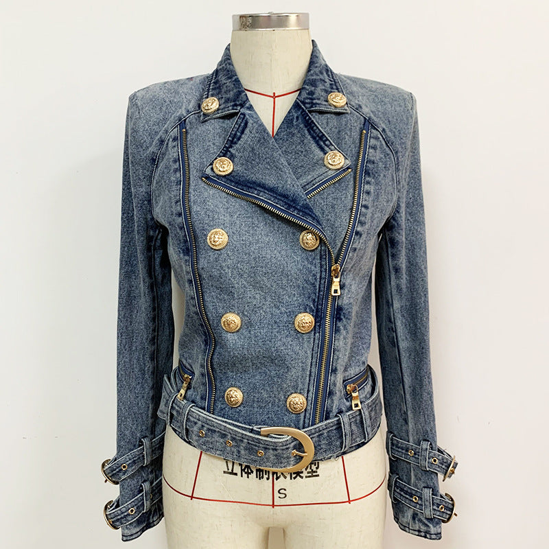 Women's Lion Buckle Double Zipper Washed Denim Jackets