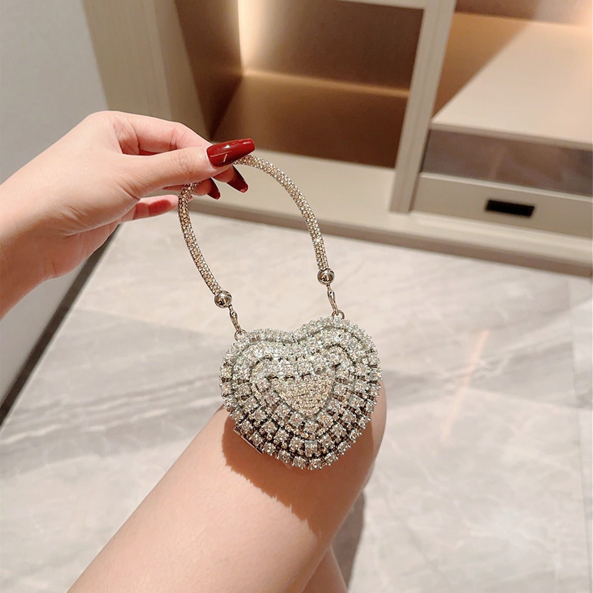 Women's Mini Peach Heart Diamond Dinner Chain Party Evening Bags