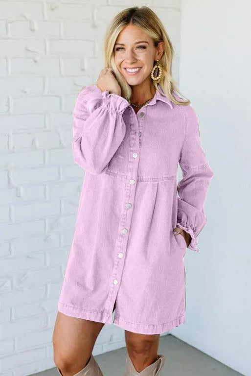 Women's Denim Button Lotus Leaf Long Sleeve Loose Dresses