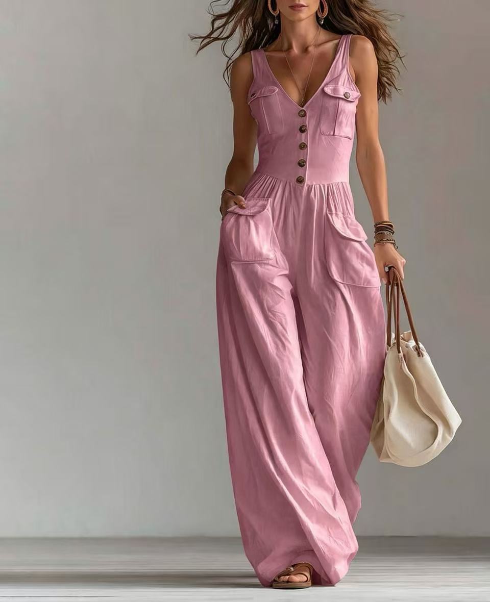 Women's Summer Solid Color Buttons Loose Casual Women's Jumpsuit/clothing