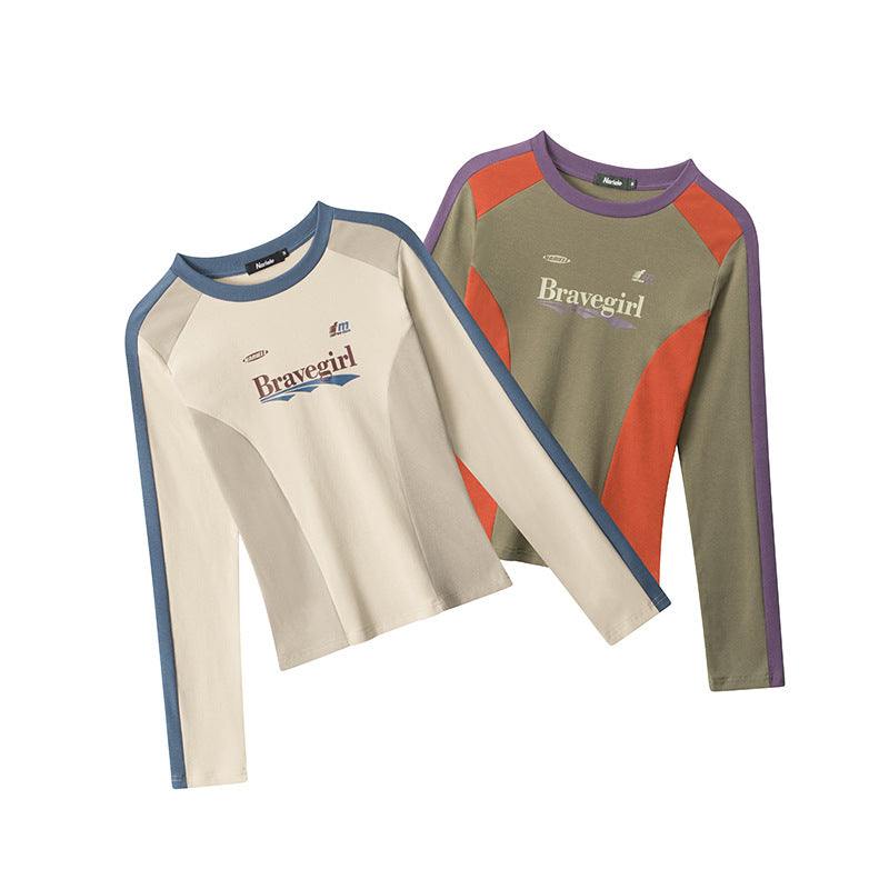 Women's Retro Long Sleeve T-shirt Contrast Color Inner Blouses