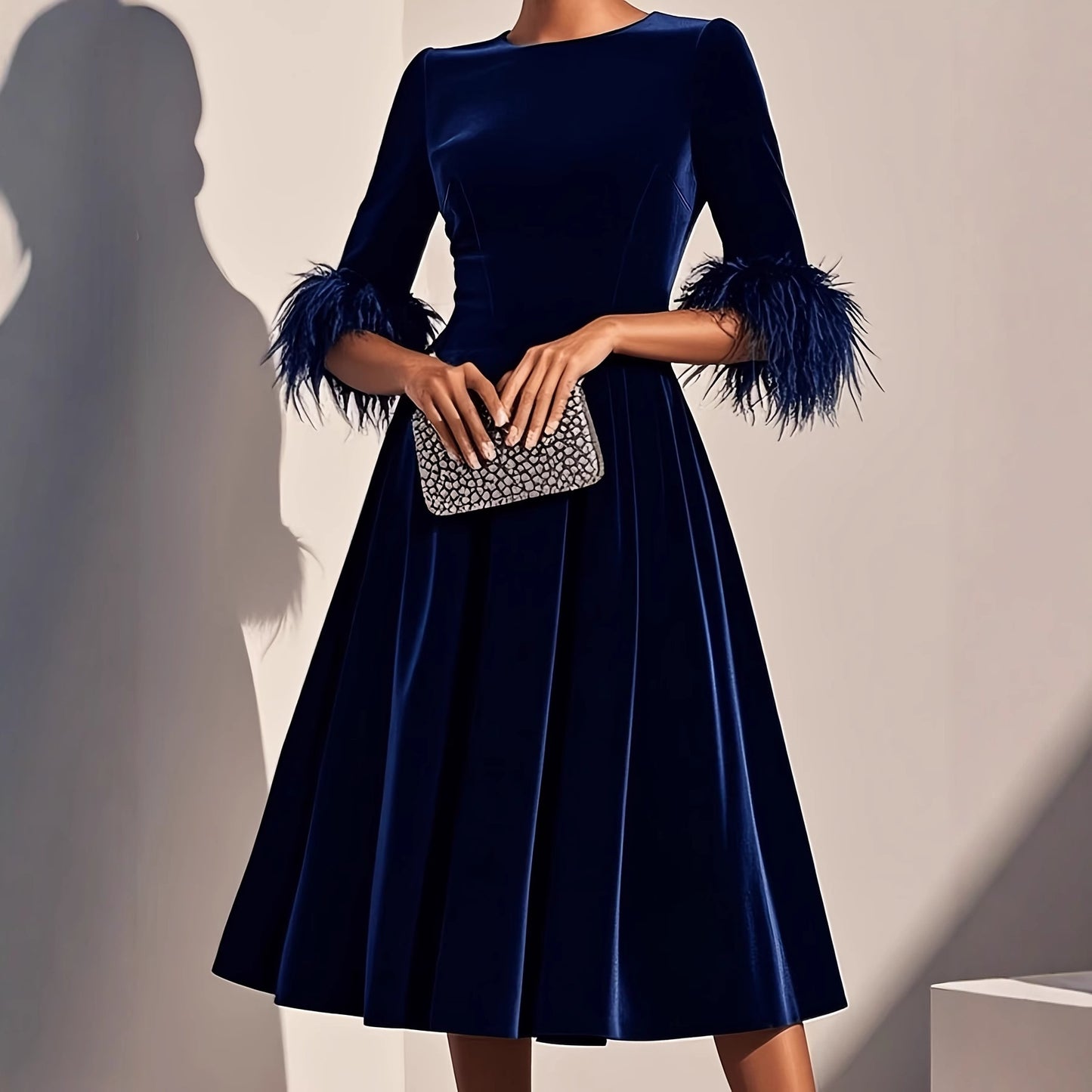Women's Lady Temperament Elegant Round Neck Veet Dresses