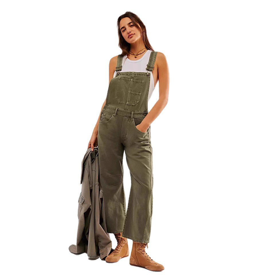 Women's Street Washed-out Vintage Loose Straight Suspender Women's Jeans