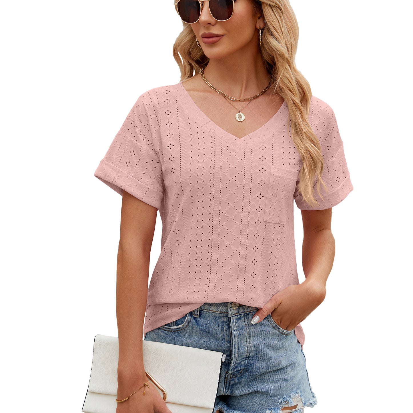 Solid Color Pocket Loose Sleeve Ladies Women's T-shirt
