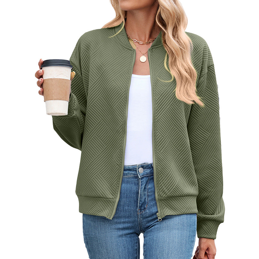 Solid Color Round Neck Loose Zip Long Sleeve Uniform