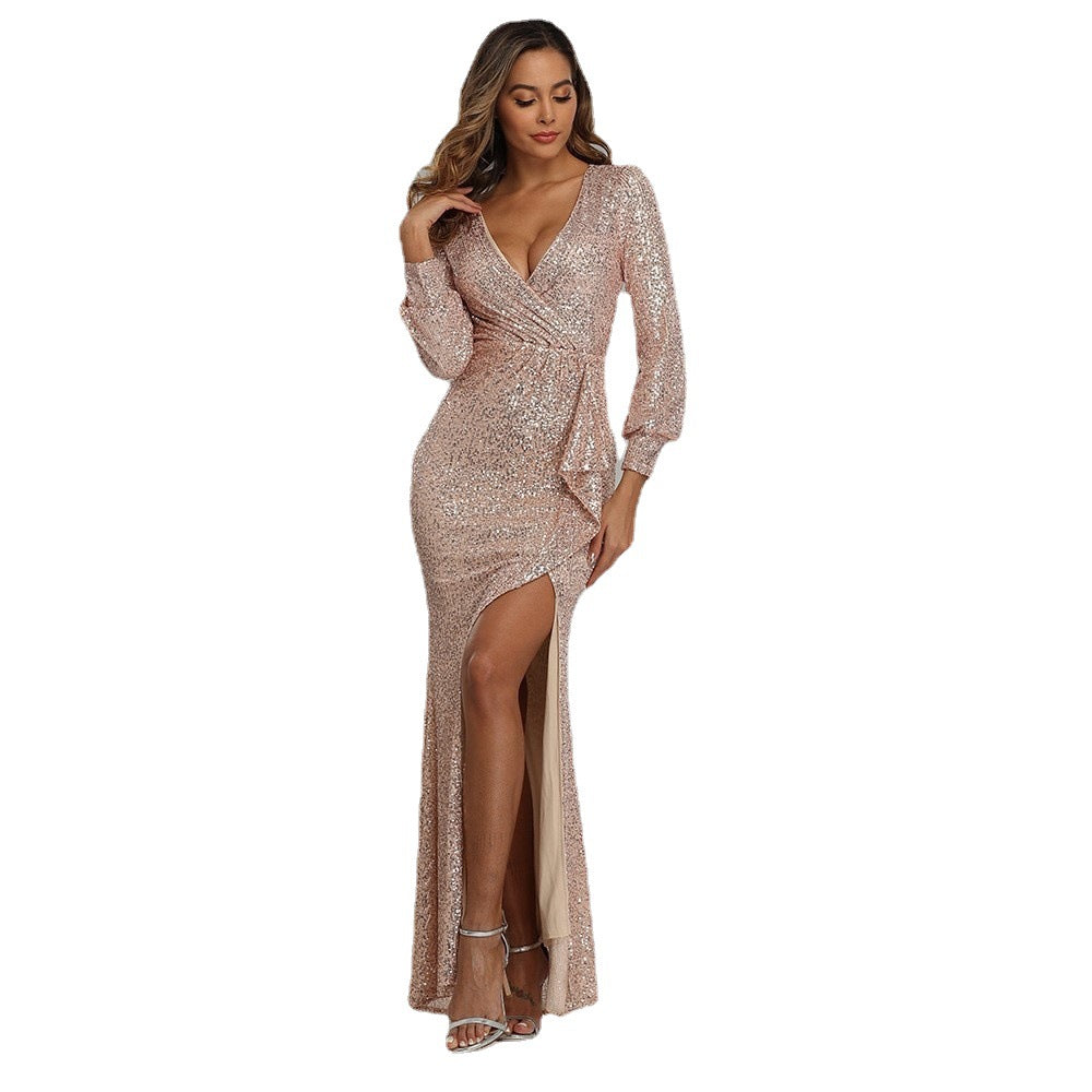 Women's Long Sexy High Slit Sleeve Sequined Banquet Dresses