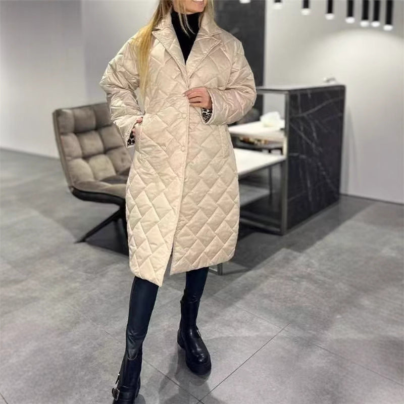 Glossy Veet Long Below The Knee Rhombus Cotton Coats