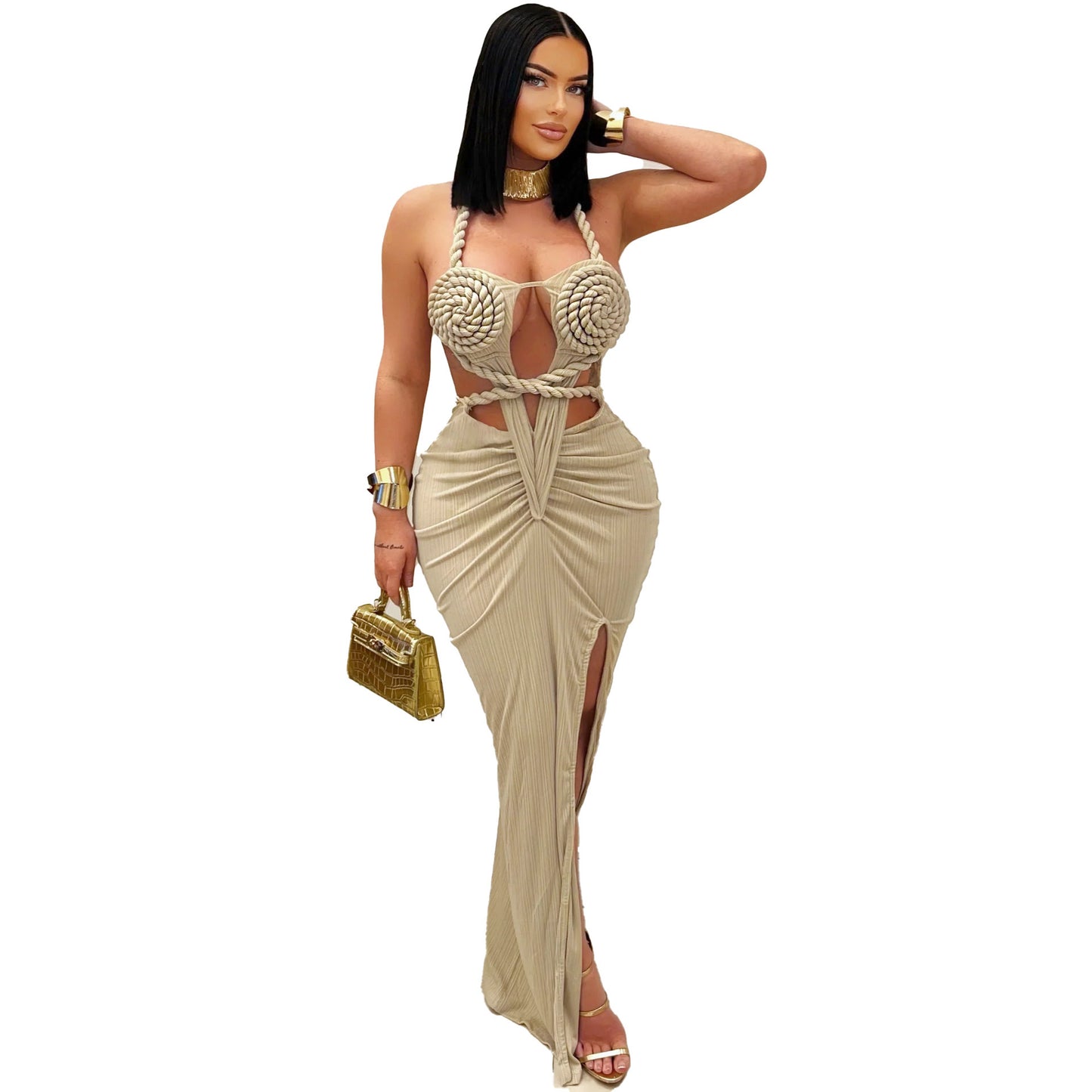 Women's Wear Halter Woven Hollowed Sexy Slit Dresses