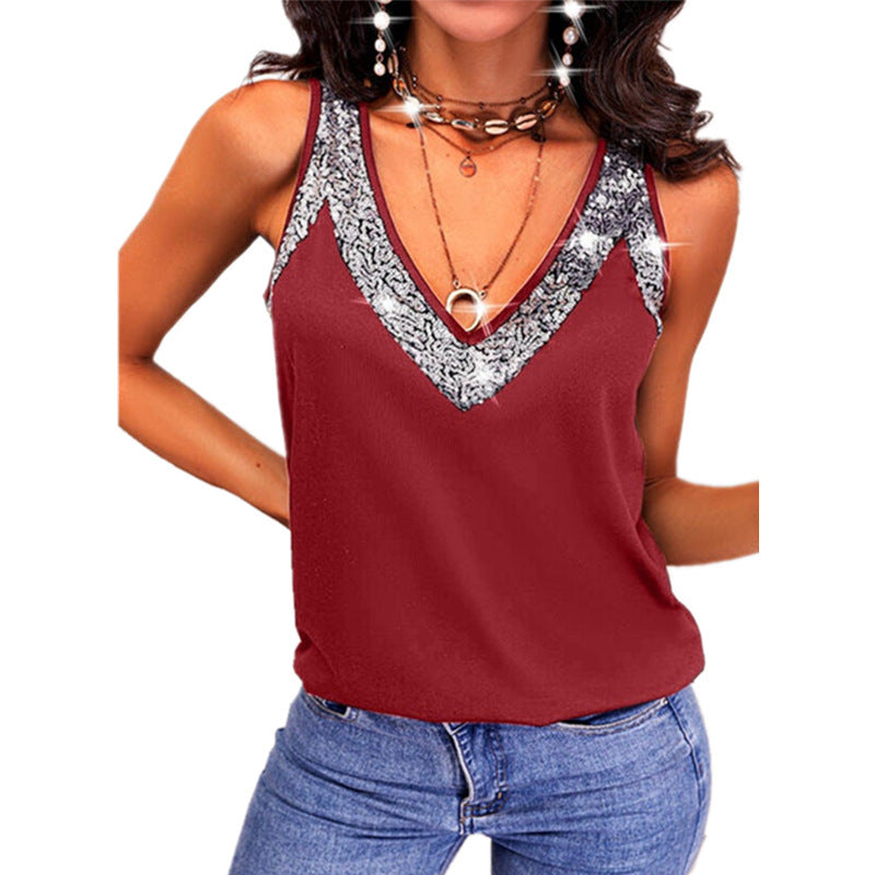 Women's Summer Solid Color Sequin Sleeveless Vests