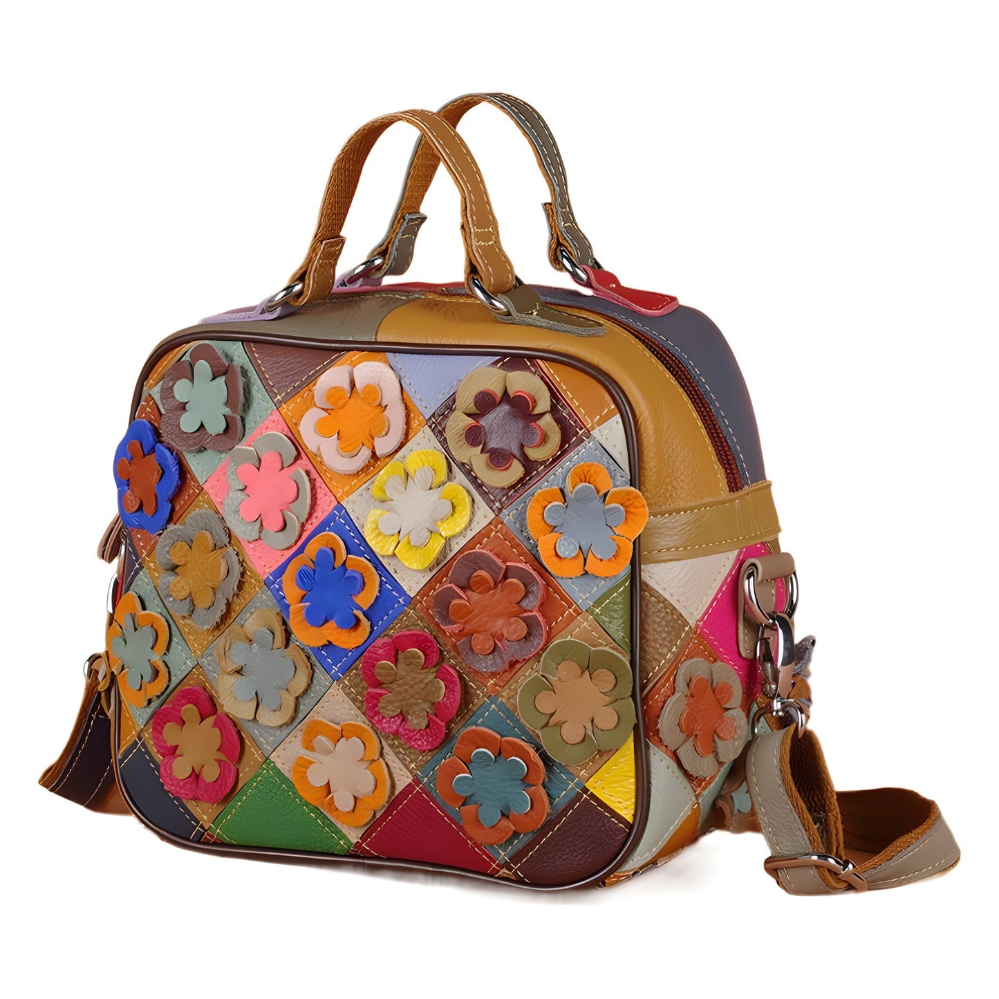 Women's Genuine Leather Hand Stitching Flower Colored Handbags