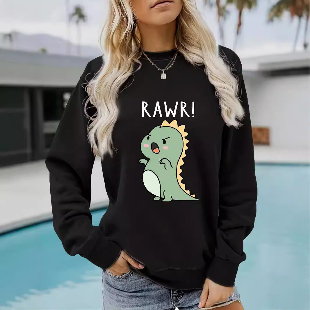 Women's Sleeve Round Neck Cartoon Dinosaur Print Sweaters
