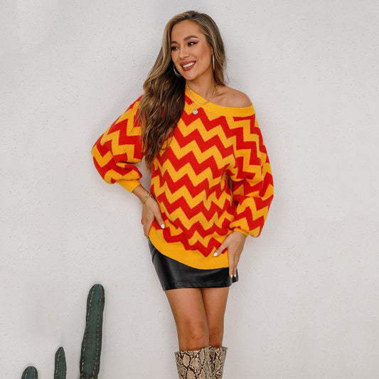 Women's Large Pullover Patchwork Mid-length Round Neck Sweaters