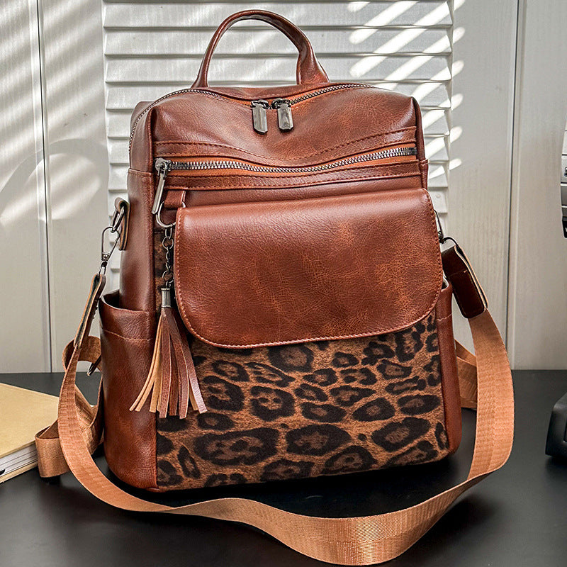 Women's Winter Vintage Leopard Print Fashion Large Backpacks