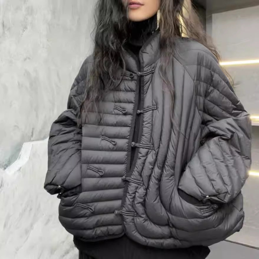 Women's White Duck Down Stand Collar Buckle Jackets