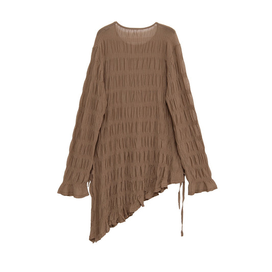 Women's Round Neck Pleated Irregular Long Sleeve Blouses