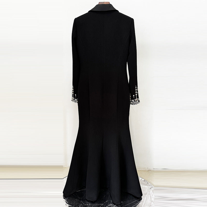 Fashion Bead Diamond Tailored Collar Fishtail Dress