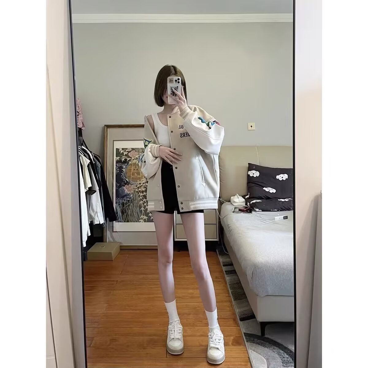 Women's Heavy Loose Stitching Embroidered Letter Baseball Coats