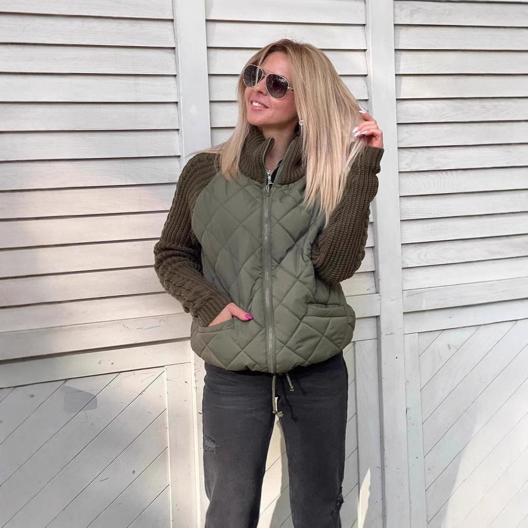 Women's Stand-up Collar Splicing Zipper Long Sleeve Coats