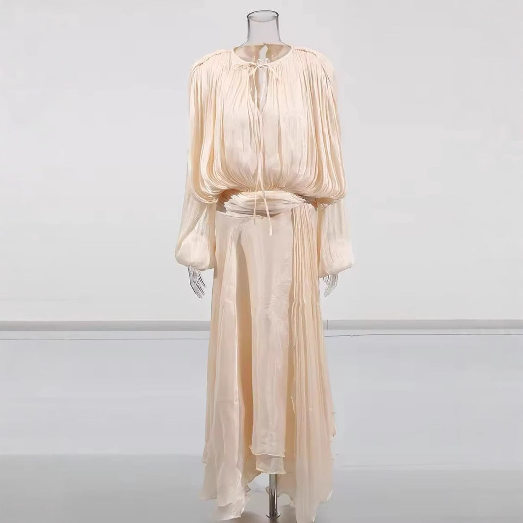 Sleeve Dress Pleating Design Glossy Elegant A- Line Big Dresses