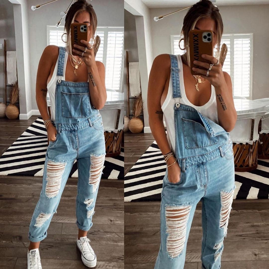 Ripped Fashion One-piece Denim Brace Skinny Pants