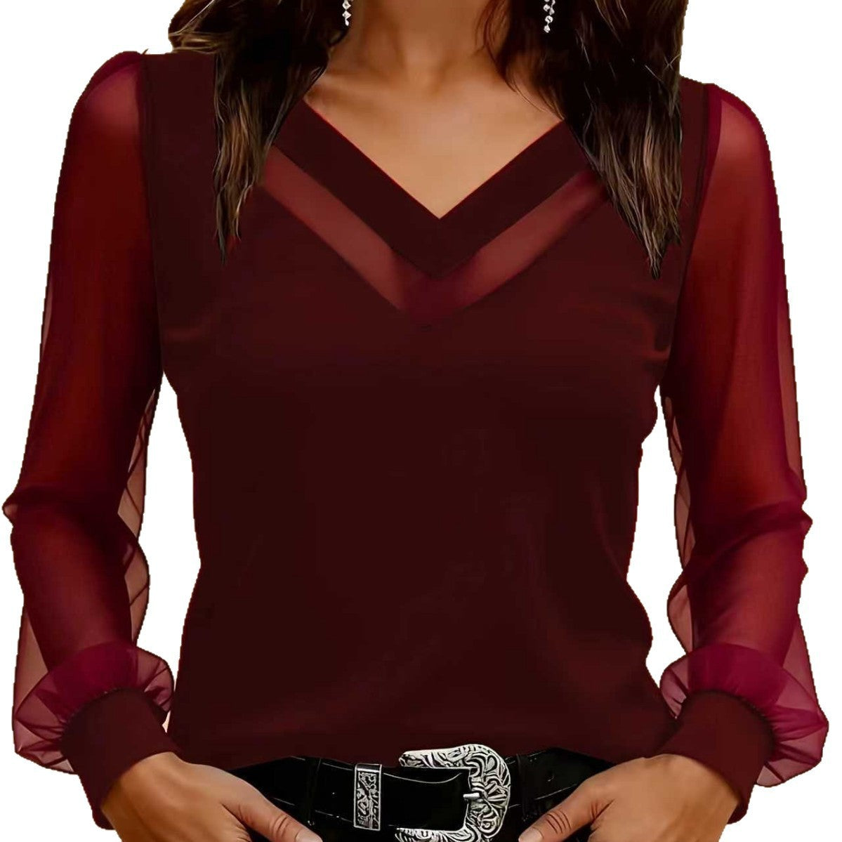 Solid Color Mesh Sleeves Slim Fit Lantern Women's T-shirt