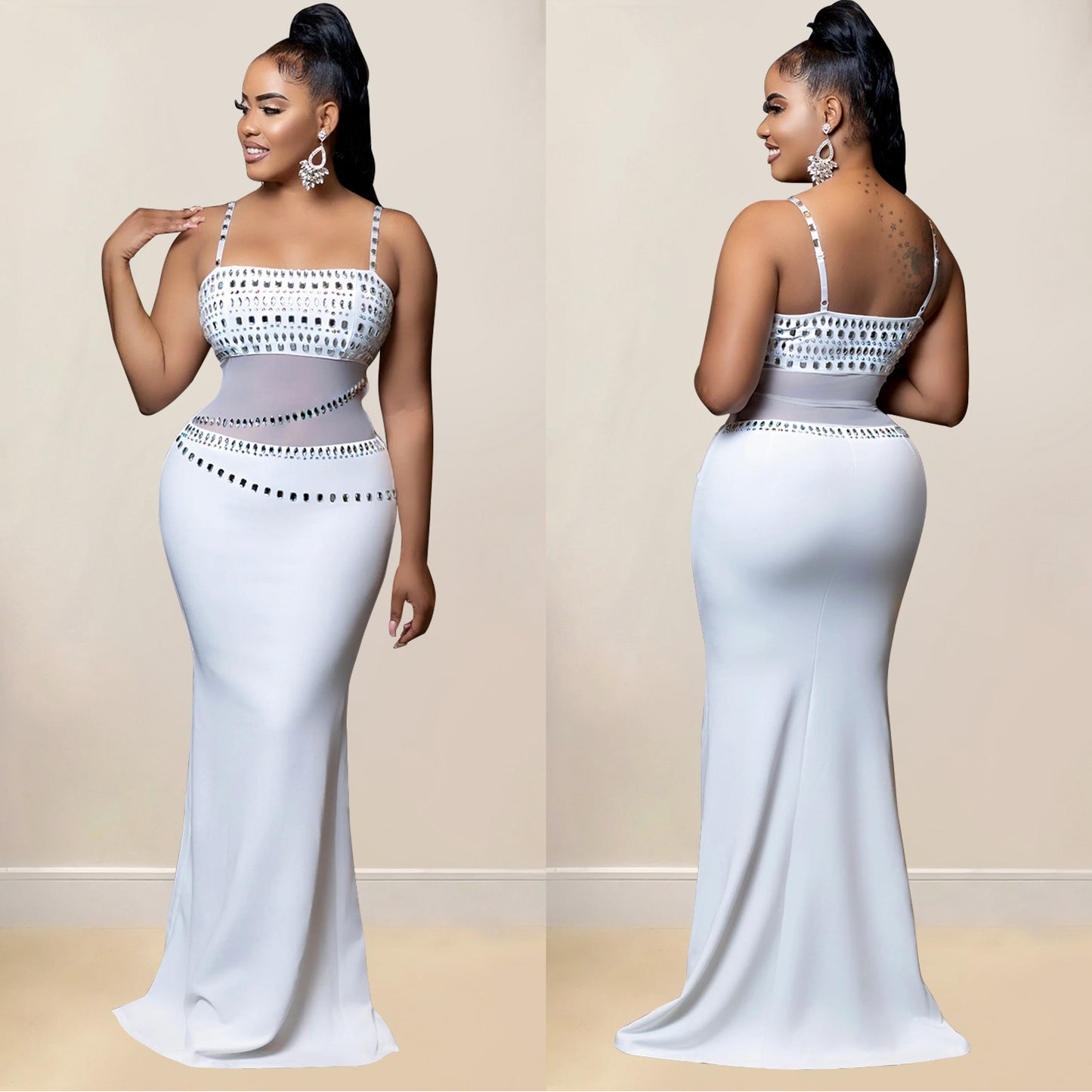 Women's Fashion Wear Rhinestone Mesh Dress Long Dresses