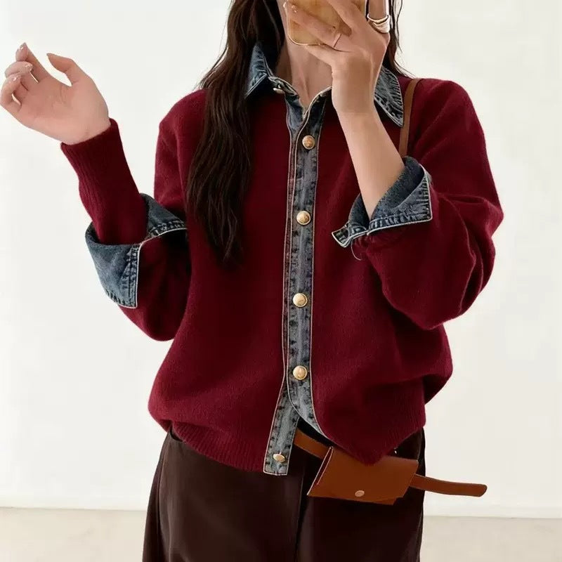 Denim Stitching Fake Two Pieces Female Sweaters