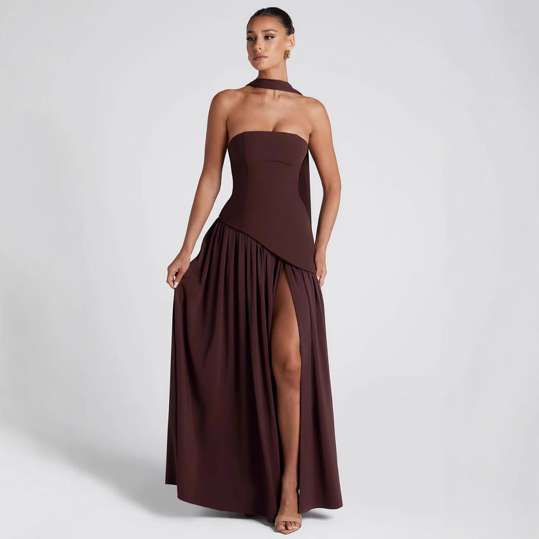 Women's Tube Pure Color Split Dress Fashion Sexy Dresses