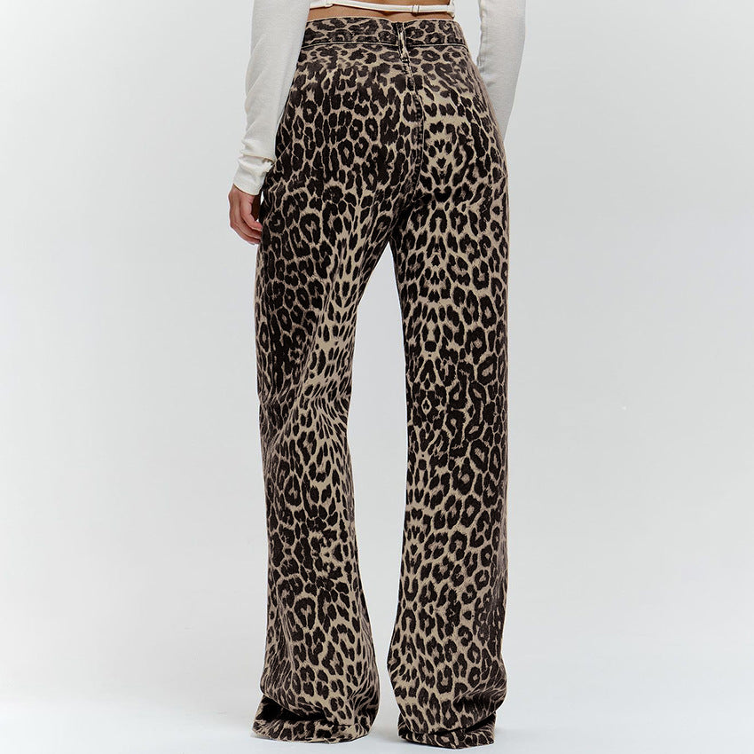 Women's Loose Low Waist Leopard Print Trousers Versatile Cotton Wide Pants