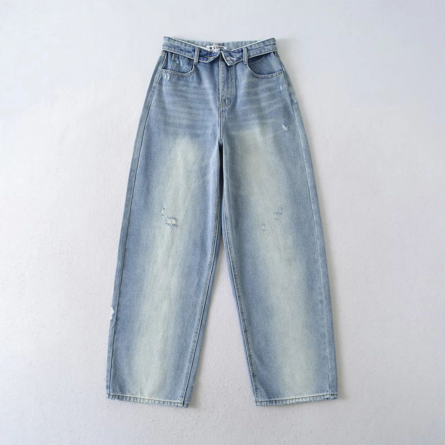 Relaxed Personality Worn Asymmetric Back Pocket Wide Jeans