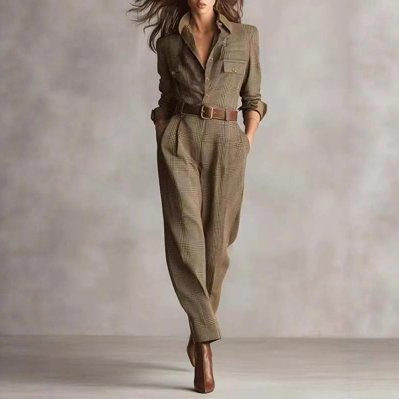 Women's Autumn Ladies Classic Retro Plaid Cargo Jumpsuits