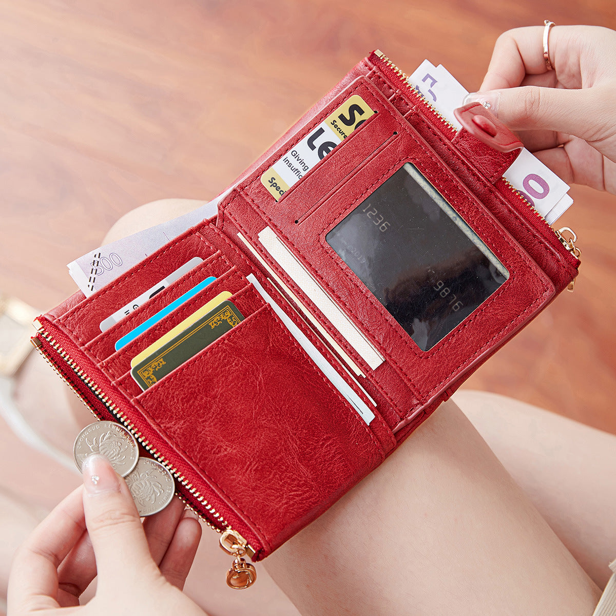 Women's Simple Trifold Double Zipper Short Ladies Wallets