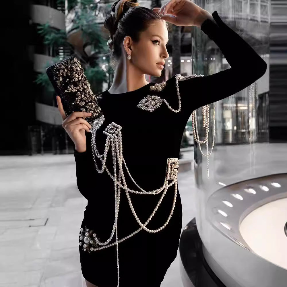 Neck Bead Chain Ornament Knitted Tight Dresses